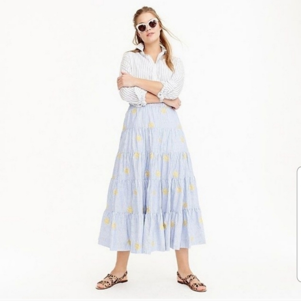 J. Crew Striped Blue Midi Skirt with Yellow Floral Accents